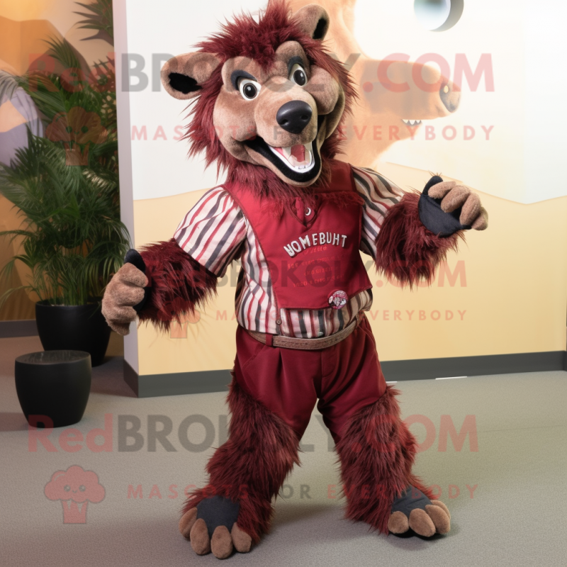 Maroon Hyena mascot costume character dressed with a Corduroy Pants and Shoe clips Maroon Hyena mascot costume character dressed with a Corduroy Pants and Shoe clips