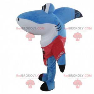 Grande mascote de tubarão azul e branco, fantasia divertida de