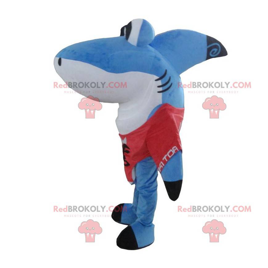 Grande mascote de tubarão azul e branco, fantasia divertida de