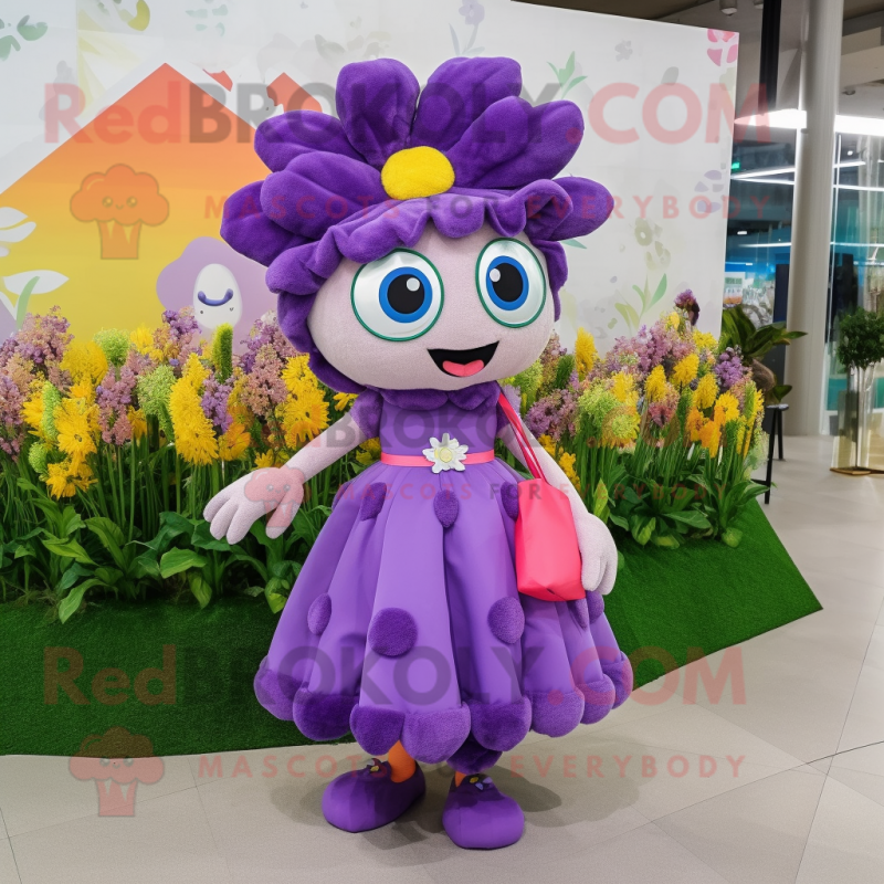 Purple Bouquet Of Flowers mascot costume character dressed with a Skirt and Coin purses