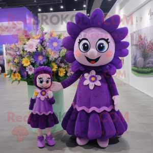 Purple Bouquet Of Flowers mascot costume character dressed with a Skirt and Coin purses