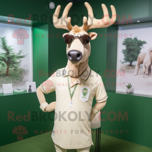 Cream Irish Elk mascot costume character dressed with a Polo Tee and Eyeglasses