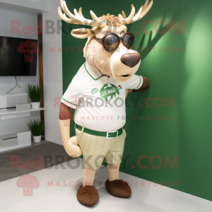 Cream Irish Elk mascot costume character dressed with a Polo Tee and Eyeglasses