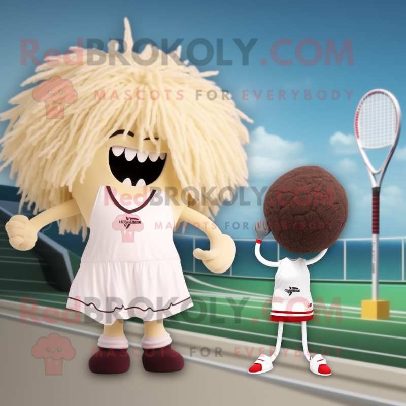 Beige Beet mascot costume character dressed with a One-Piece Swimsuit and Hair clips