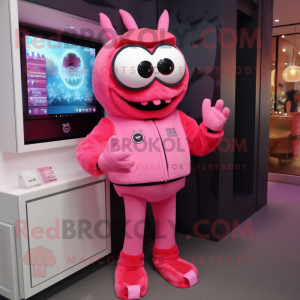 Pink Crab Cakes mascot costume character dressed with a Sweatshirt and Digital watches