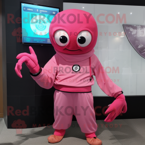 Pink Crab Cakes mascot costume character dressed with a Sweatshirt and Digital watches