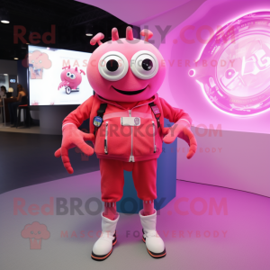 Pink Crab Cakes mascot costume character dressed with a Sweatshirt and Digital watches