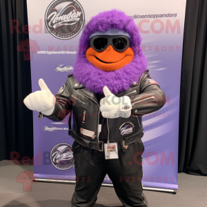 Lavender Jambalaya mascot costume character dressed with a Biker Jacket and Bracelet watches
