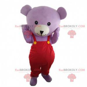 Purple bear mascot with overalls, teddy bear costume -