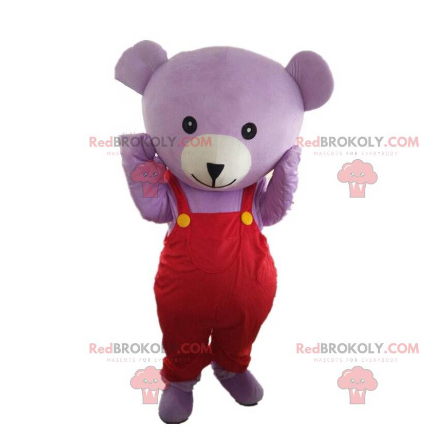 Purple bear mascot with overalls, teddy bear costume -