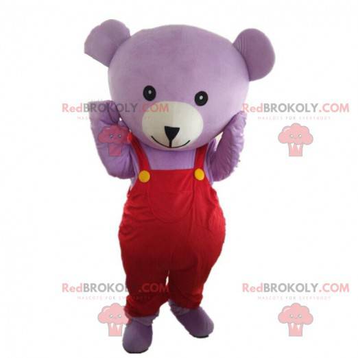 Mascotte orso viola con tuta, costume da orsacchiotto -