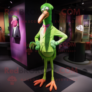 Lime Green Flamingo mascot costume character dressed with a Wrap Skirt and Tie pins
