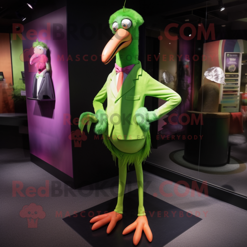 Lime Green Flamingo mascot costume character dressed with a Wrap Skirt and Tie pins