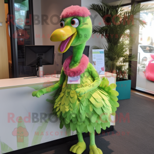 Lime Green Flamingo mascot costume character dressed with a Wrap Skirt and Tie pins