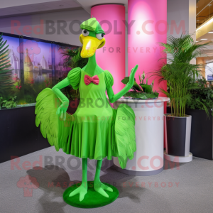 Lime Green Flamingo mascot costume character dressed with a Wrap Skirt and Tie pins