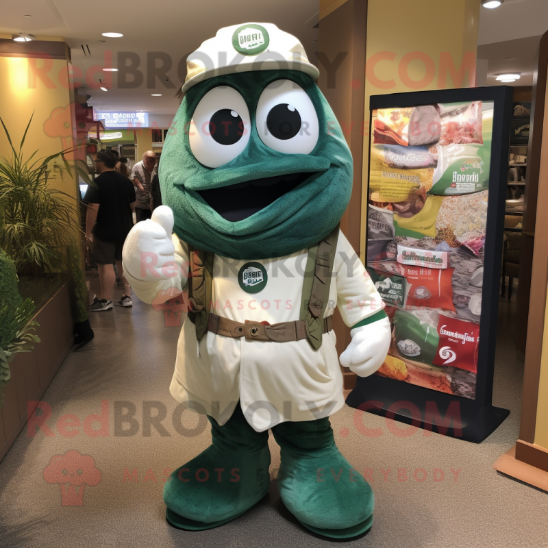 Forest Green Clam Chowder mascot costume character dressed with a Jumpsuit and Backpacks Forest Green Clam Chowder mascot costume character dressed with a Jumpsuit and Backpacks