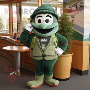 Forest Green Clam Chowder mascot costume character dressed with a Jumpsuit and Backpacks