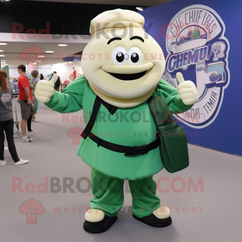 Forest Green Clam Chowder mascot costume character dressed with a Jumpsuit and Backpacks Forest Green Clam Chowder mascot costume character dressed with a Jumpsuit and Backpacks