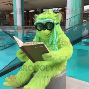 Lime Green Sloth Bear mascot costume character dressed with a One-Piece Swimsuit and Reading glasses