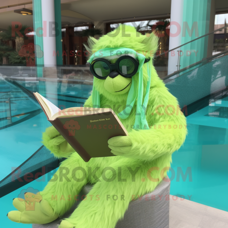 Lime Green Sloth Bear mascot costume character dressed with a One-Piece Swimsuit and Reading glasses Lime Green Sloth Bear mascot costume character dressed with a One-Piece Swimsuit and Reading glasses