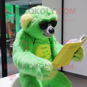 Lime Green Sloth Bear mascot costume character dressed with a One-Piece Swimsuit and Reading glasses