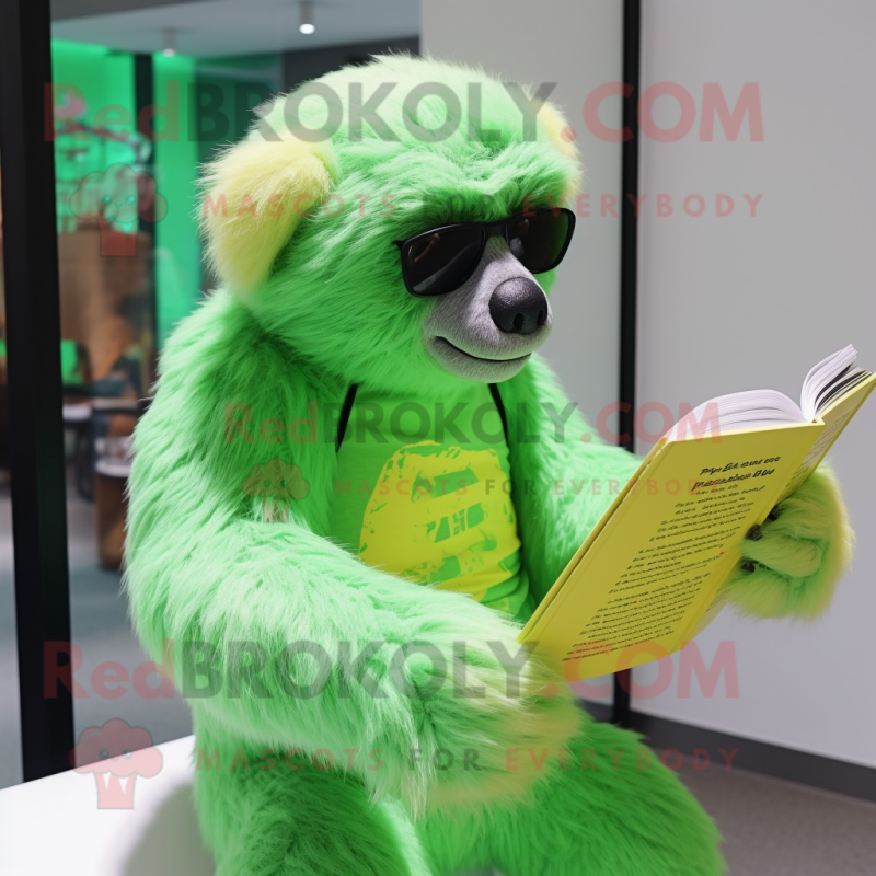 Lime Green Sloth Bear mascot costume character dressed with a One-Piece Swimsuit and Reading glasses Lime Green Sloth Bear mascot costume character dressed with a One-Piece Swimsuit and Reading glasses