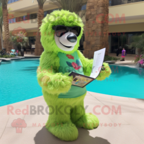 Lime Green Sloth Bear mascot costume character dressed with a One-Piece Swimsuit and Reading glasses