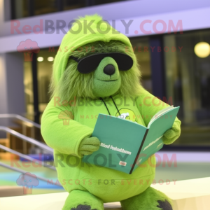 Lime Green Sloth Bear mascot costume character dressed with a One-Piece Swimsuit and Reading glasses