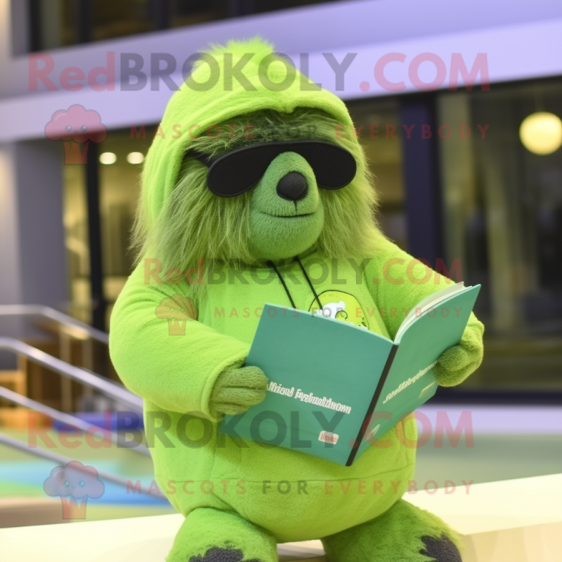 Lime Green Sloth Bear mascot costume character dressed with a One-Piece Swimsuit and Reading glasses