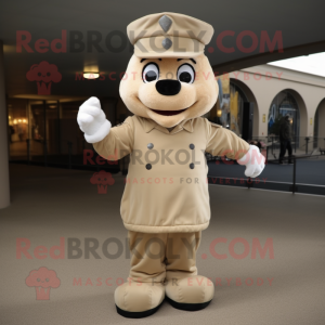 Beige American Soldier mascot costume character dressed with a Dress Pants and Mittens