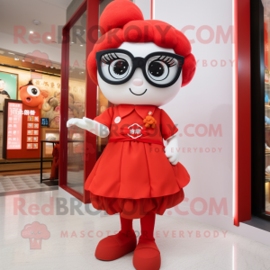 Red Dim Sum mascot costume character dressed with a Mini Skirt and Eyeglasses