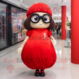 Red Dim Sum mascot costume character dressed with a Mini Skirt and Eyeglasses