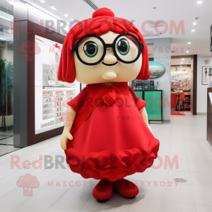 Red Dim Sum mascot costume character dressed with a Mini Skirt and Eyeglasses