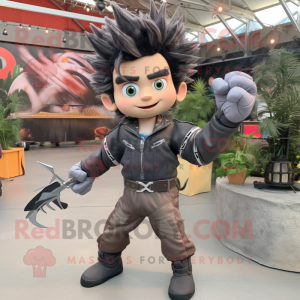 Gray Knife Thrower mascot costume character dressed with a Moto Jacket and Hair clips
