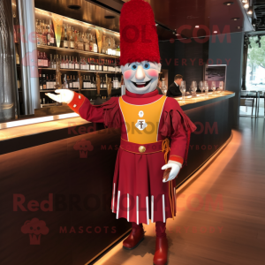 Maroon Swiss Guard mascot costume character dressed with a Cocktail Dress and Hair clips