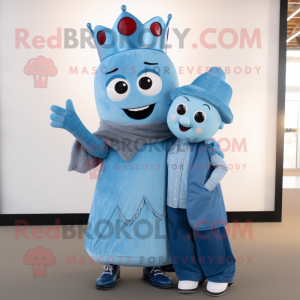 Sky Blue Queen mascot costume character dressed with a Boyfriend Jeans and Scarves