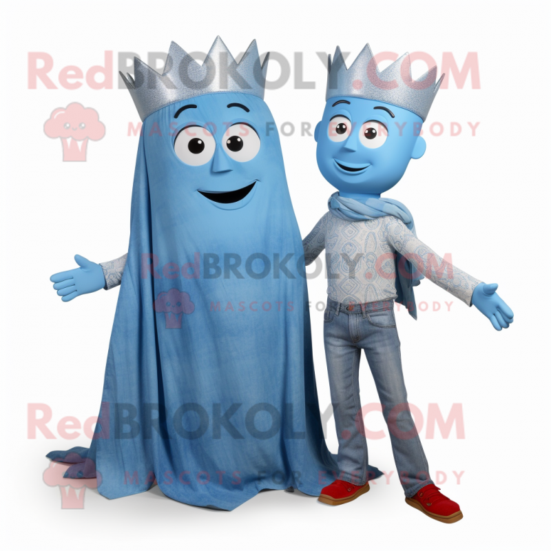 Sky Blue Queen mascot costume character dressed with a Boyfriend Jeans and Scarves