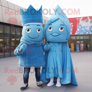 Sky Blue Queen mascot costume character dressed with a Boyfriend Jeans and Scarves