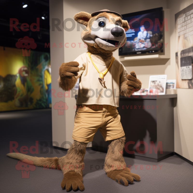 Tan Thylacosmilus mascot costume character dressed with a Shorts and Watches