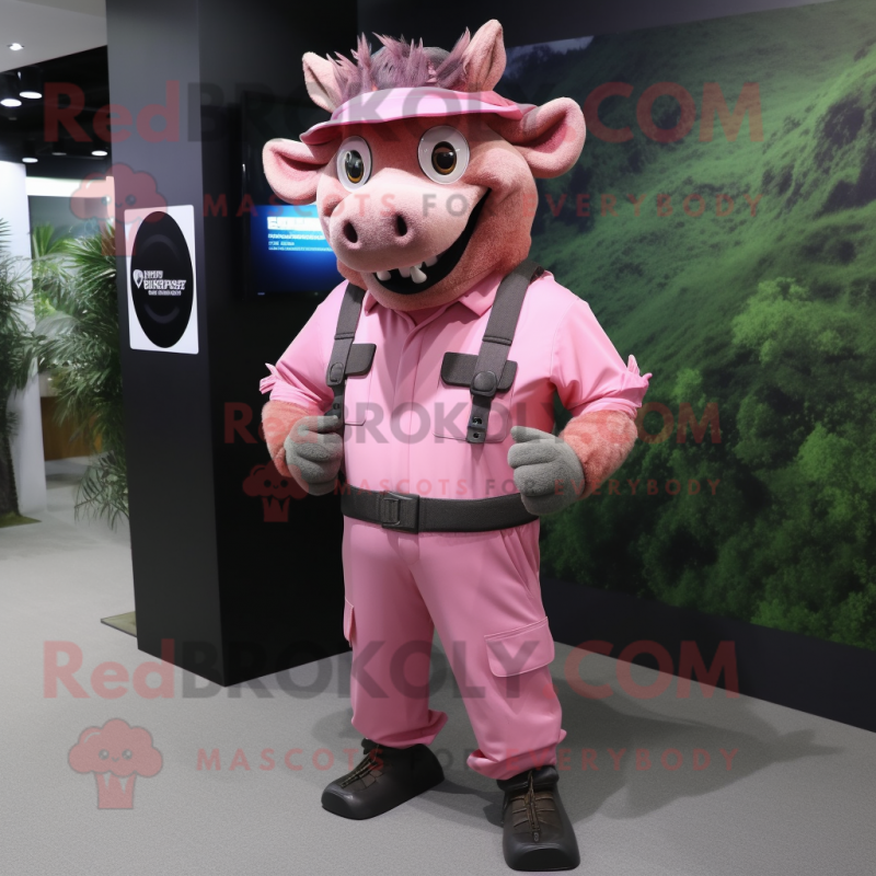 Pink Wild Boar mascot costume character dressed with a Cargo Pants and Cummerbunds