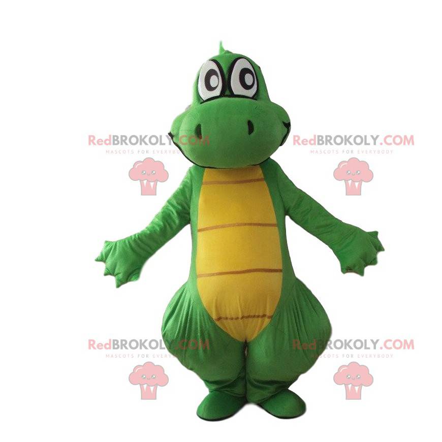 Mascota dragón verde y amarillo, disfraz de dinosaurio gigante