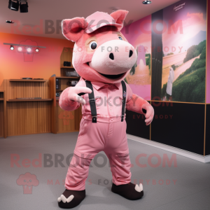 Pink Wild Boar mascot costume character dressed with a Cargo Pants and Cummerbunds