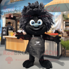 Black Fish And Chips mascot costume character dressed with a Denim Shorts and Hair clips