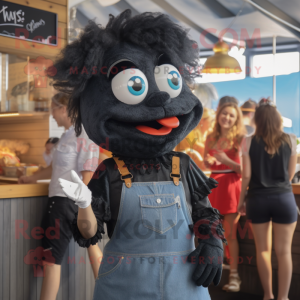 Black Fish And Chips mascot costume character dressed with a Denim Shorts and Hair clips