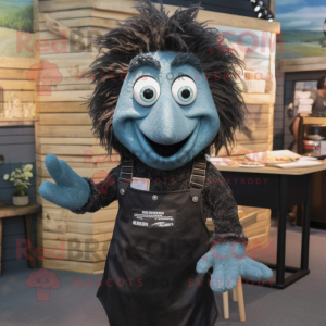 Black Fish And Chips mascot costume character dressed with a Denim Shorts and Hair clips