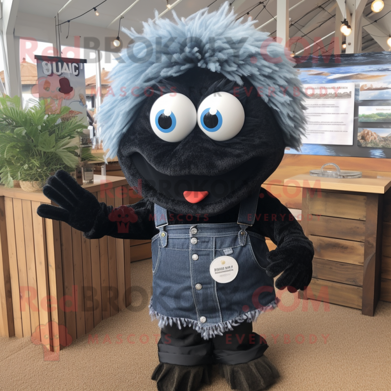 Black Fish And Chips mascot costume character dressed with a Denim Shorts and Hair clips