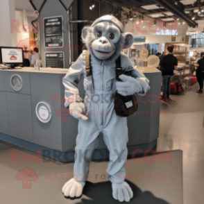 Silver Chimpanzee mascot costume character dressed with a Overalls and Handbags