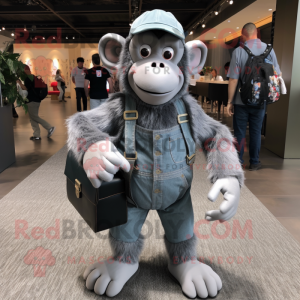 Silver Chimpanzee mascot costume character dressed with a Overalls and Handbags