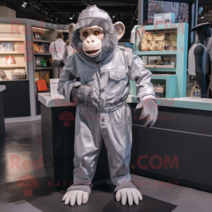 Silver Chimpanzee mascot costume character dressed with a Overalls and Handbags