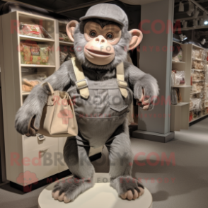 Silver Chimpanzee mascot costume character dressed with a Overalls and Handbags